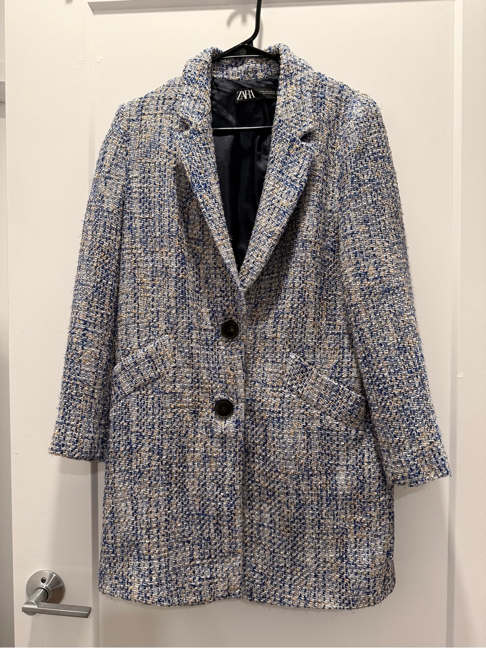 Zara Blue and Cream Tweed Single-Breasted Blazer Coat